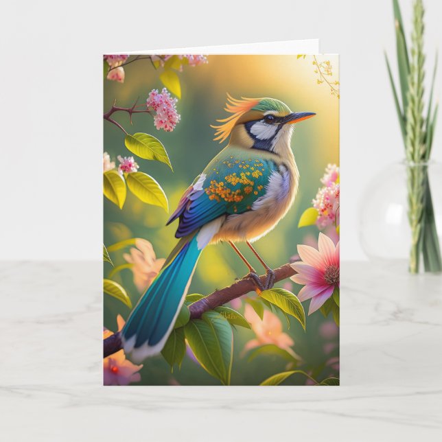 Carte Oiseau fantastique à tête verte et ailes de sarcel (Devant)