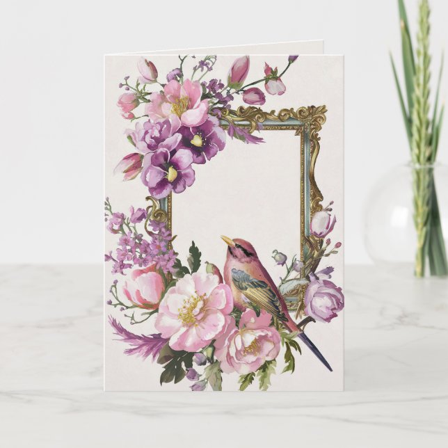 Carte Oiseau floral rose aquarelle (Devant)