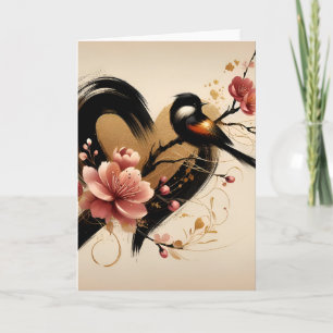Carte Oiseau noir et cœur de fleur de cerisier