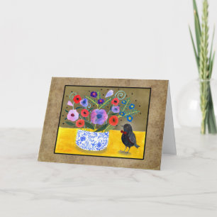 Carte Oiseau noir mignon avec fleurs Art capricieux pers