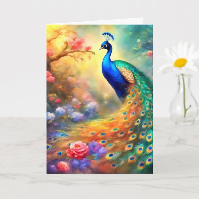 Carte Oiseau paon 100 avec des fleurs (Petite plante)