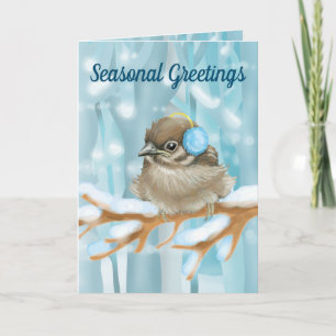 Carte Oiseau saisonnier sur un arbre chargé de neige