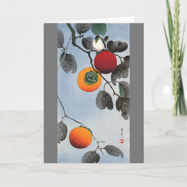 Carte Oiseau sur un arbre persimmon, Watanabe Seitei (Devant)