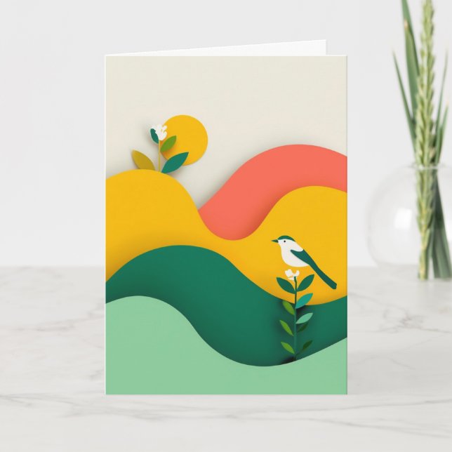 Carte Oiseau vibrant en papier découpé en fleurs (Devant)