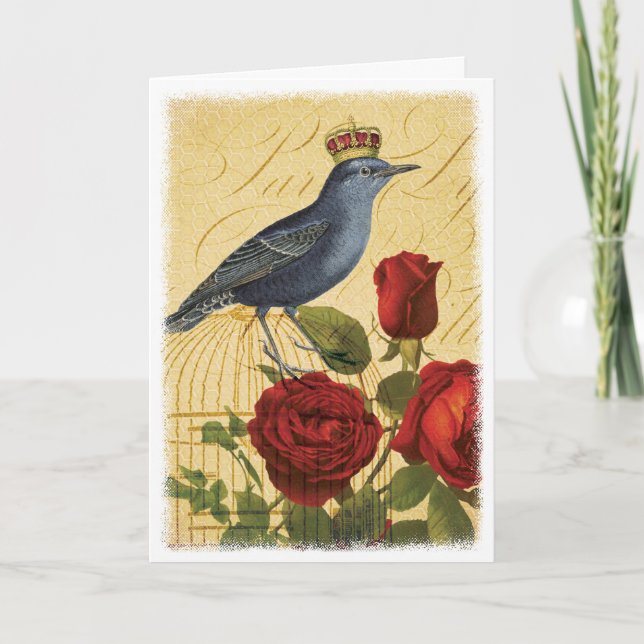 Carte Oiseau vintage avec Couronne et Roses rouges (Devant)