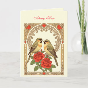 Carte Oiseaux affectueux et roses rouges Art nouveau