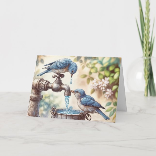 Carte Oiseaux bleus d'anniversaire sur un robinet (Devant)