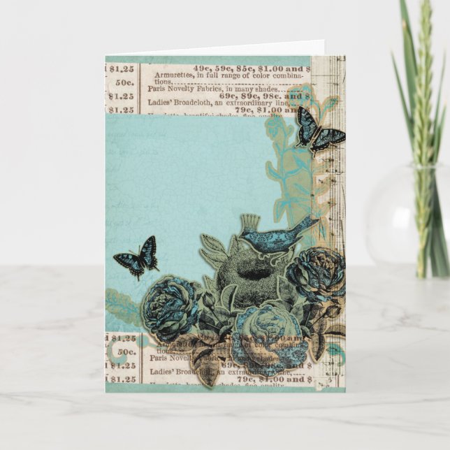 Carte Oiseaux bleus et Rose Vintage Look, Anniversaire (Devant)