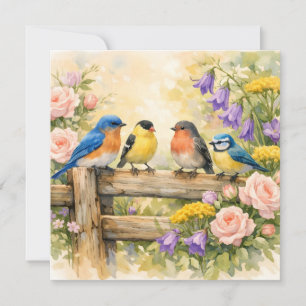 Carte Oiseaux chanteurs à l'aquarelle sur la clôture en