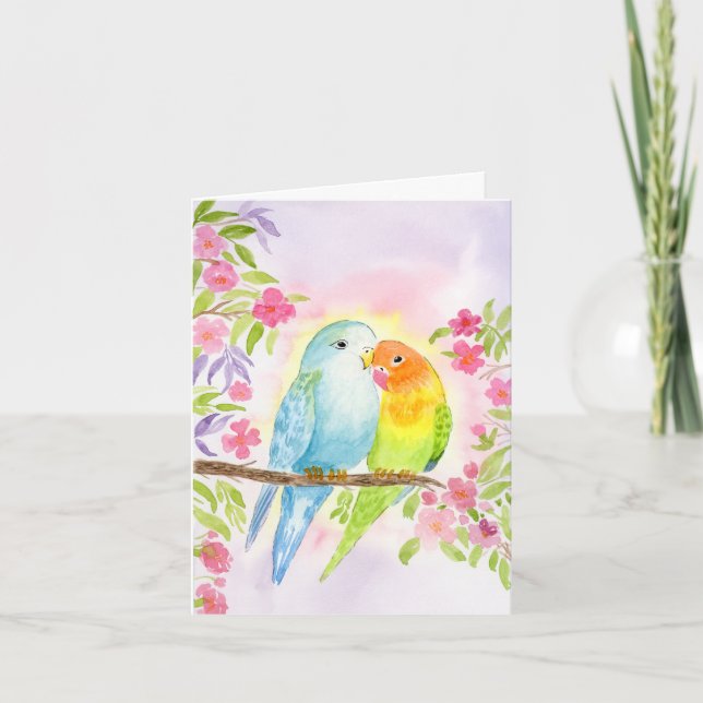 Carte Oiseaux d'amour à l'aquarelle avec fleurs roses (Devant)