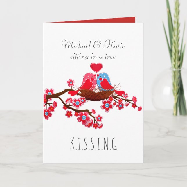 Carte Oiseaux d'amour mignons assis dans un arbre à la S (Devant)
