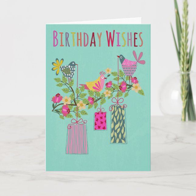 Carte Oiseaux d'anniversaire avec des cadeaux sur une br (Devant)