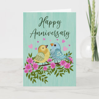 Carte Oiseaux d'anniversaire avec fleurs et coeurs