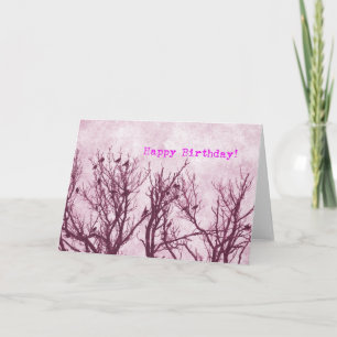 Carte Oiseaux dans un arbre, Grunge rose, Joyeux anniver