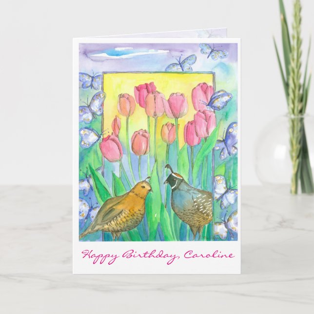 Carte Oiseaux de caille Fleurs de tulipes roses Joyeux a (Devant)