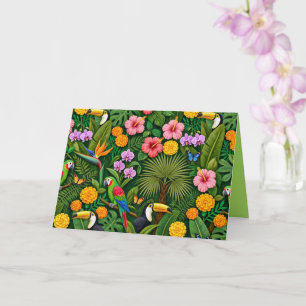 Carte Oiseaux de jungle colorés gais fleurs tropicales