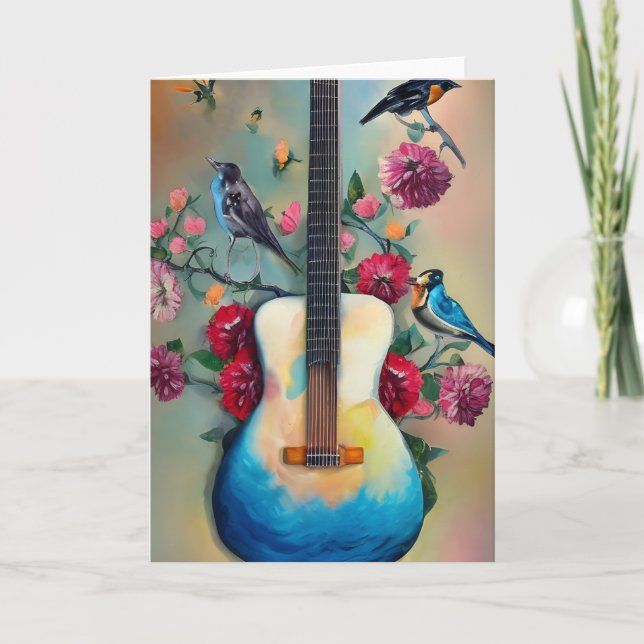 Carte Oiseaux, fleurs et guitare (Devant)