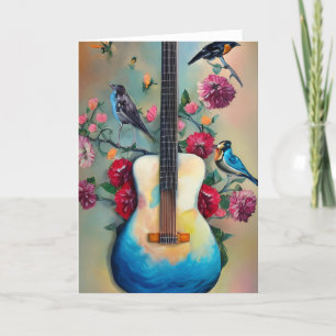 Carte Oiseaux, fleurs et guitare