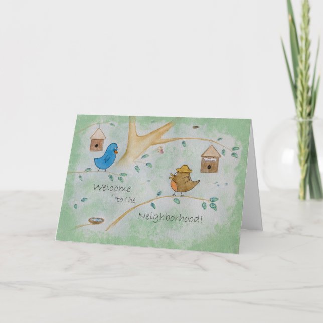 Carte Oiseaux mignons dans un arbre Nouveau voisin (Devant)