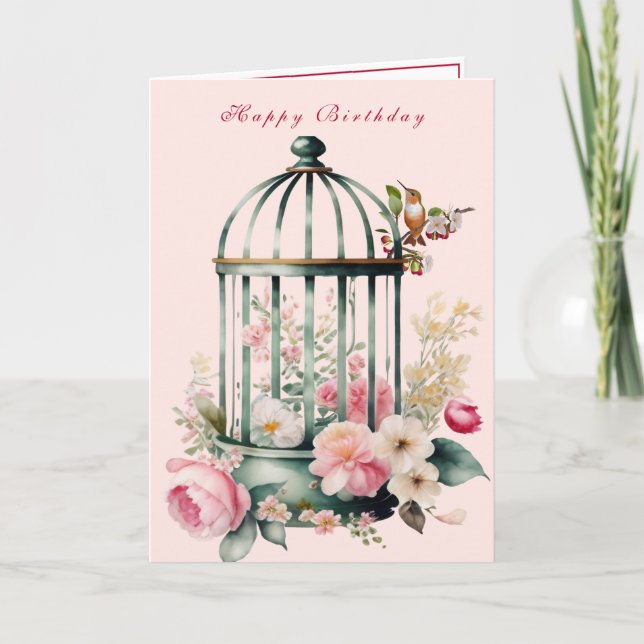Carte Oiseaux-mouches Cage à oiseaux Fleurs de printemps (Devant)