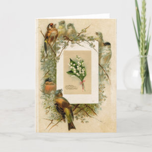 Carte Oiseaux vintages Lys de la Vallée Fleurs Anniversa