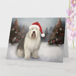Carte Old English Sheepdog en Noël de neige