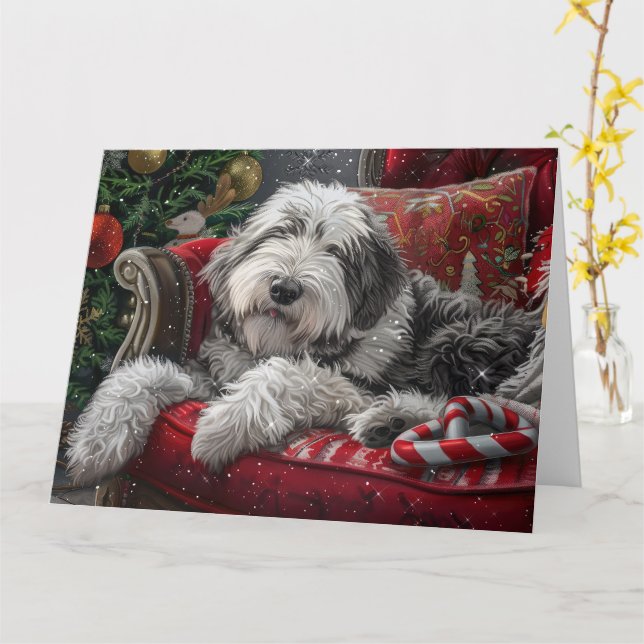 Carte Old English Sheepdog Festive de Noël (Fleur jaune)
