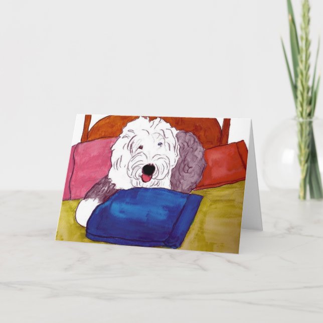 Carte Old English Sheepdog sur le lit (Devant)