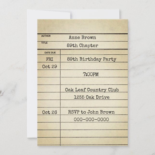 Carte Old Library 89th Birthday Party (Devant)