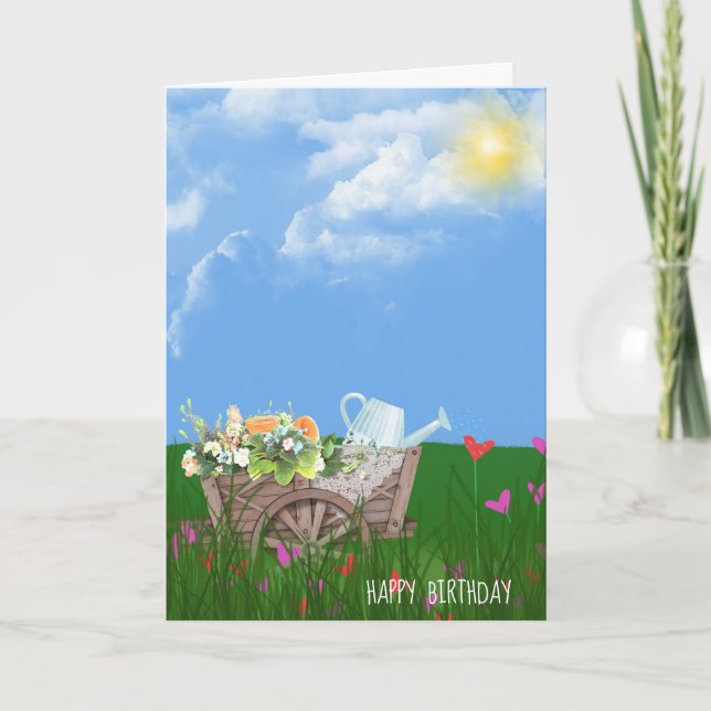 Carte old wheelbarrow with flowers birthday (Devant)