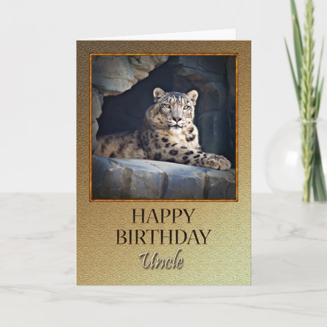 Carte Oncle Anniversaire avec un léopard des neiges (Devant)