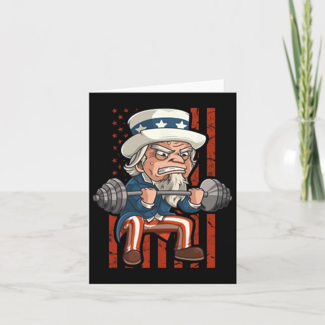 Carte Oncle Sam Patriotique haltérophile 4 juillet salle (Devant)