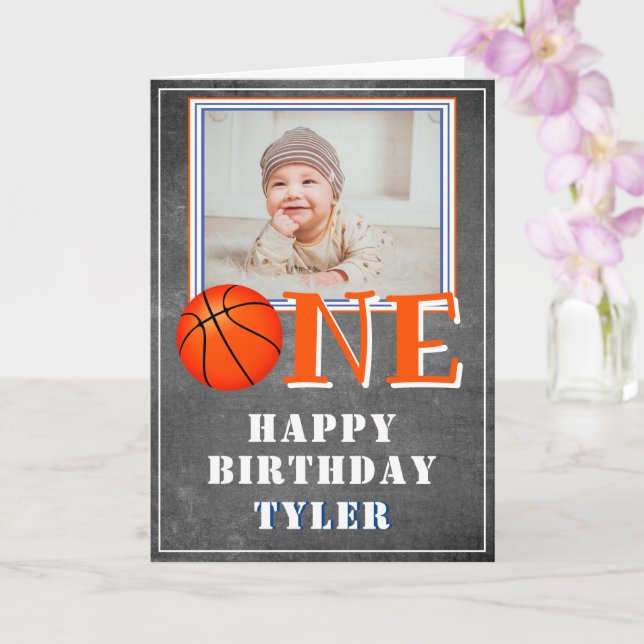 Carte One Chalkboard Basketball photo 1er anniversaire  (Orchidée)