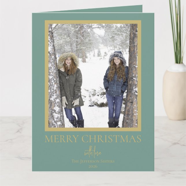 Carte Or Photo de Noël vert doré festif (Devant)