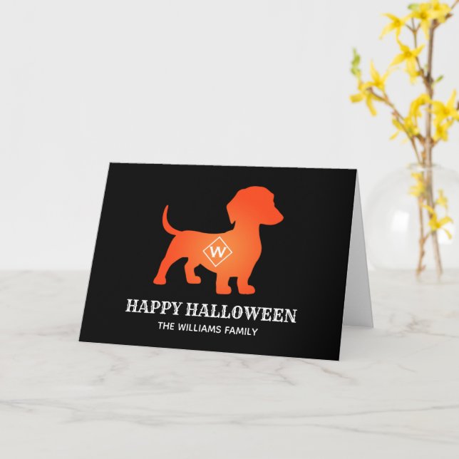 Carte Orange Dachshund Happy Halloween Nom de famille (Fleur jaune)