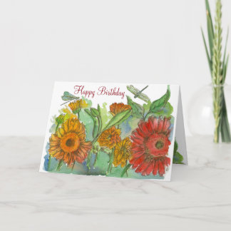 Carte Orange Daisy Flowers Dragonfly Joyeux anniversaire