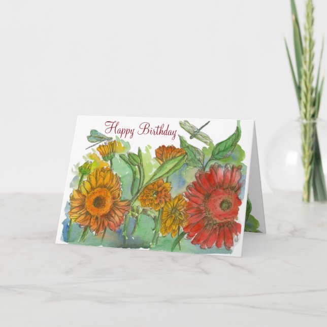 Carte Orange Daisy Flowers Dragonfly Joyeux anniversaire (Devant)