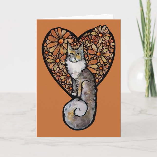 Carte Orange Daisy Maine Coon Chat Caturday Heart (Devant)