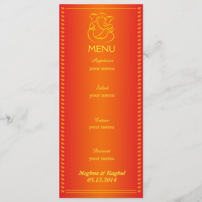Carte orange de menu de mariage indien élégant de (Devant)