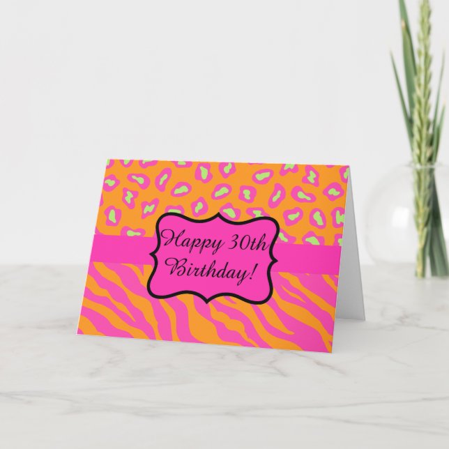 Carte Orange Fuchsia rose Zebra Leopard 30e anniversaire (Devant)