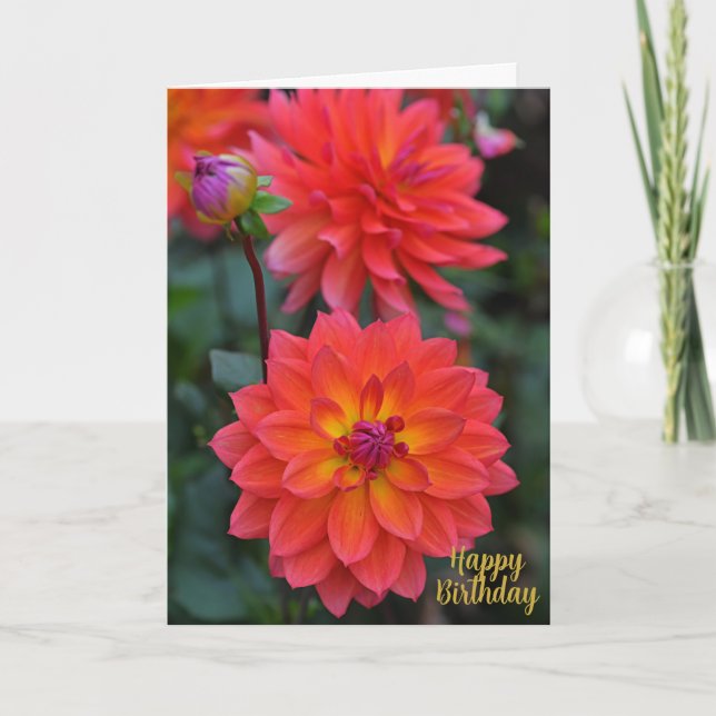 Carte Orange, Rouge, Fleur Dahlia Jaune Joyeux Anniversa (Devant)