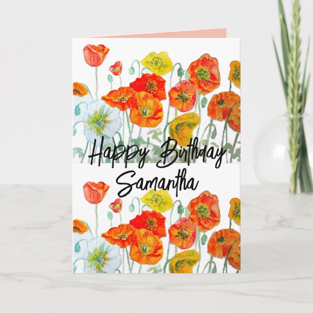 Carte Orange Rouge Poppy Fleur Aquarelle Anniversaire (Devant)