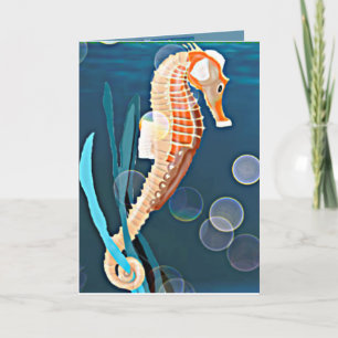 Carte Orange Seahorse contre la mer avec des bulles