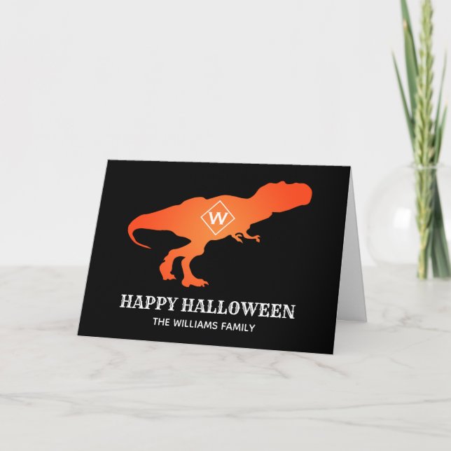 Carte Orange T Rex Happy Halloween Nom de famille du cli (Devant)