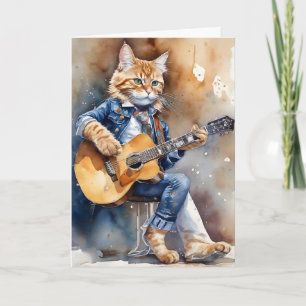 Carte Orange Tabby Cat Rock Star Jouer Guitare Acoustiqu