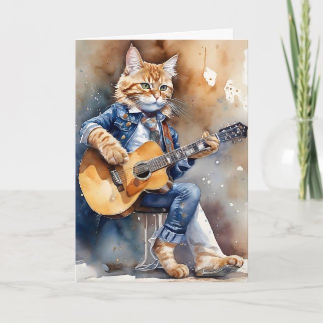 Carte Orange Tabby Cat Rock Star Jouer Guitare Acoustiqu (Devant)