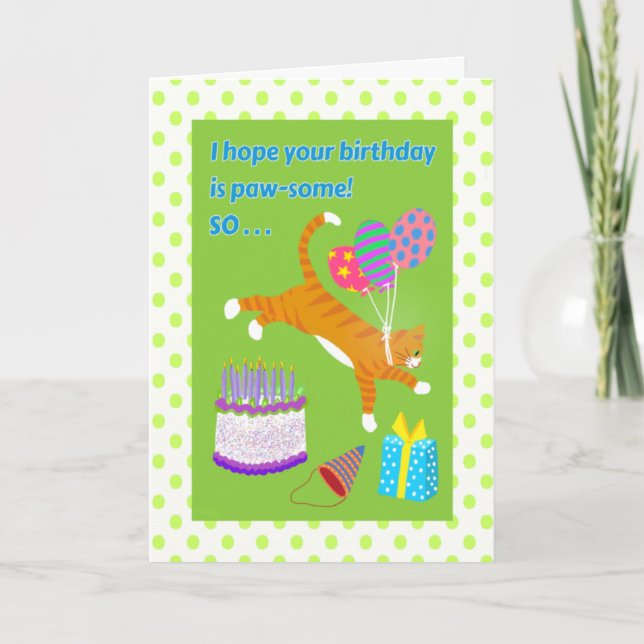 Carte Orange Tabby Cat saute au-dessus du gâteau d'anniv (Devant)