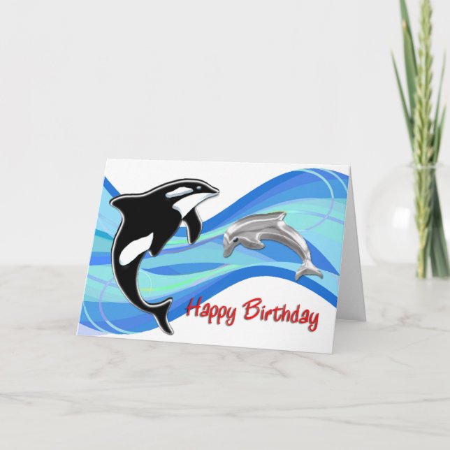 Carte Orca et dauphin dans les vagues Anniversaire (Devant)