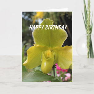 Carte orchidée jaune vert fleurs joyeux anniversaire
