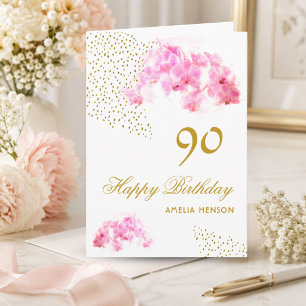 Carte Orchidée Rose Aquarelle Paillettes Dorées 90e Anni